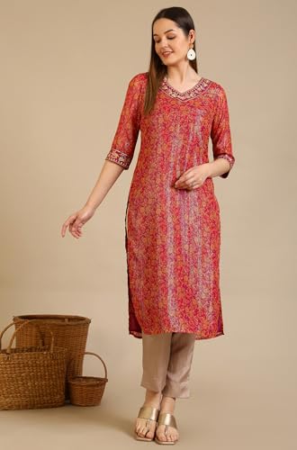 Image of Aurelia Women's Purple Floral Printed Georgette Lurex Straight Kurta