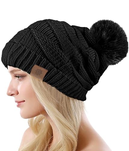 Bobelle Wear Mütze Damen, Warm Wintermütze Thermo Fleece Gefüttert, Weiche Bequem Beanie Strickmütze für Outdoorsport (DE/NL/SE/PL, Numerisch, 50, 58, Schwarz)