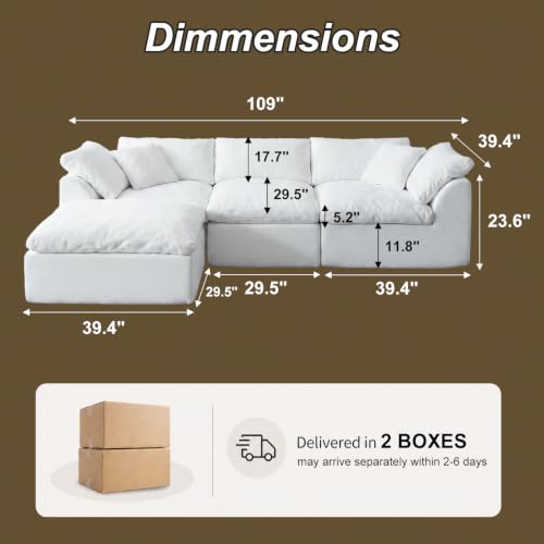 Image of Cloud Couch Sectional for Living Room, Modular L Shaped Boneless Sofa with Chaise, Compressed No Assembly Couch, Deep Seat Chenille Upholstered Convertible Sofa Bed(Pearl White)