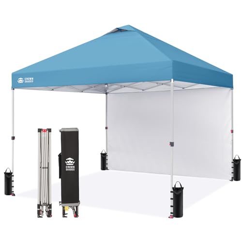 CROWN SHADES 10x10 Pop Up Canopy with 1 Side Wall - Beach Tent with One Push Setup - Outdoor Sun Shade for Events, Parties, Camping - Gazebo with STO-N-Go Cover Bag (Cyan Blue)
