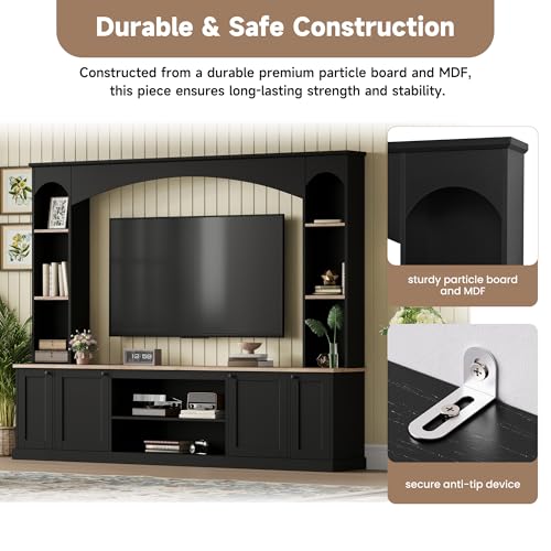 Image of JIJIWANG 91 inch Arched Entertainment Center with Bookshelf for TVs Up to 70 inch, Large Wall Unit Tv Stand with Storage Adjustable Shelves Doors for Living Room Black