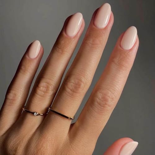 KQueenest Beige Press On Nails Kurz Acryl Nägel zum Aufkleben Kurz Runde Einfarbig Fake Nails Mandel Fingernägel zum aufkleben Glänzende Gel Kunstnägel für Frauen Alltagstauglich 24 Stück