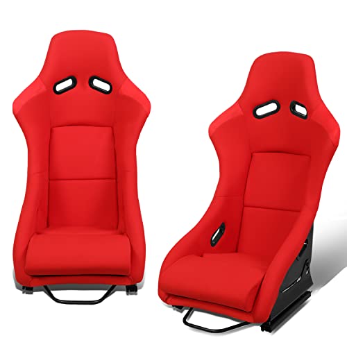 DNA MOTORING 2PCS Fixed Back Racing Bucket Seats for 4 Point Harness, Red Woven Fabric (37.5