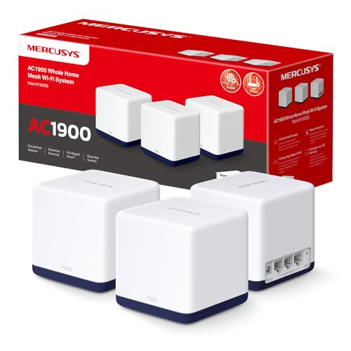 Mercusys Halo H1900G Mesh WLAN Set (3er Pack), AC1900 Dual Band Router & Repeater, 3 x Gigabit Ports für Jede Einheit, empfohlen für Häuser mit 3-5 Schlafzimmern, MERCUSYS App