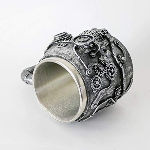 Steampunk Skull Beer Coffee Mug - Mechanical Gearwork Pipeline Beer Stein Tankard - Viking Drinking Stainless Steel Cup 14oz - Ideal Novelty Gift Themed Party Decoration