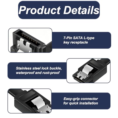 Zescyha 3 Pack 90 Degree Right Angle SATA III Cable, SATA 6Gbps Cable L Shape High Speed Data Transfer with Secure Latching Connectors Compatible with HDD SSD Optical Drives Motherboards PCs Desktops - Image 2