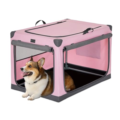 Petsfit Cage pour Chien Pliable, Transport en Tissu avec Cadre en Aluminium Intégré, Caisse Réglable par Tuyau en Spirale, Rose & Gris, M