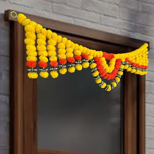 Image of iHandikart Handmade (40 Inch) Artificial Marigold Bandanwar with Chakri Mogra & Tofu Leaves Traditional Floral Door Bandanwar for Makar Sankranti, Lohri, Griha Pravesh & Elegant Home Decor (B0075)