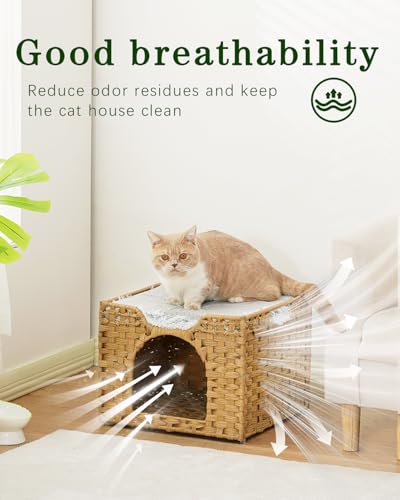 Cat Beds Indoor Kitten House, Handwoven Rattan Cat Cave Pet Cube, Large Cat Houses, One Bed Mat, Foldable, Hideaway, 16.5x16.5x13.2 Inches, 2 S-Shaped Hooks in Living Room Bedroom Natural - Image 4