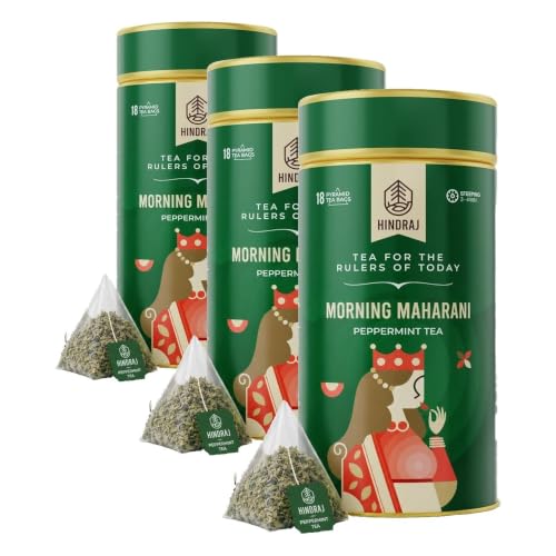 Image of House of Hindraj Peppermint Herbal Tea 18 Pyramid tea Bags 100% Natural Ingredients, Stress Relieving & Rejuvenating, Relaxing Green Tea, No Added Sugar Energizing, Metabolism Boost (Pack of 3)