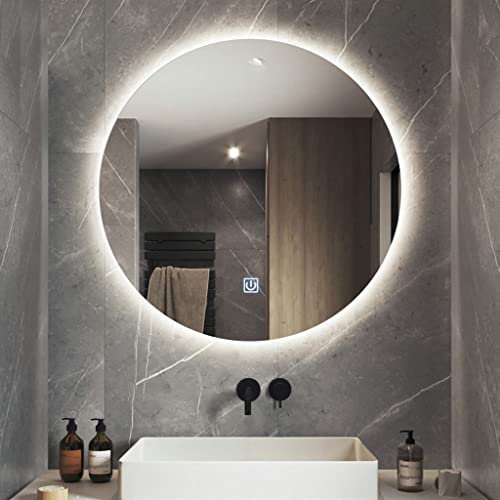 SXFSDOU 40cm Round Frameless LED Illuminated Bathroom Mirror Wall Mounted Touch Sensor Vanity Backlit Makeup IP44 Rated White Light
