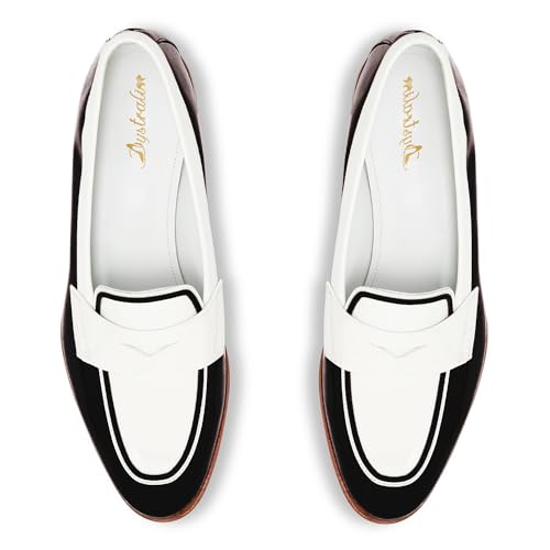 Image of Women Patent Slip On Loafer Flats Two Tone Round Toe Flat Heel Penny Loafers Casual 1 inch Low Heel Loafer Dress Shoes Oxford Comfort Chic Colorblock Office Ladies 4-11 M US