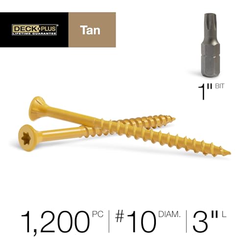 Image of Deck Plus 3 Inch Epoxy Coated Exterior Wood and Fence Screws #10 x 3 Torx /Star Drive Included Coarse Thread, Outdoor Rust Resistant Decking Screw, Tan, 25lb Box, 1500 Pieces | 48717