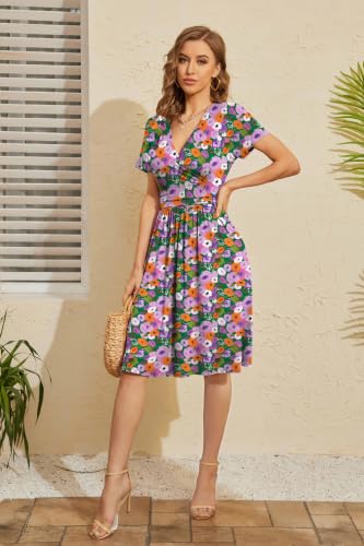 Image of WEACZZY Women's Summer Short Sleeve Casual Dresses V-Neck Floral Party Dress with Pockets
