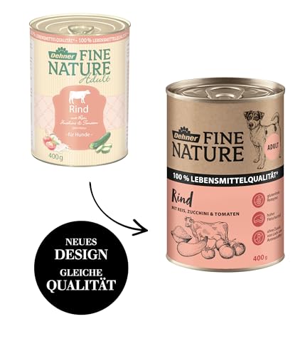 Dehner Fine Nature Hundefutter, Nassfutter in Lebensmittelqualität, für ausgewachsene Hunde, Rind, 6 x 400 g Dose (2.4 kg)