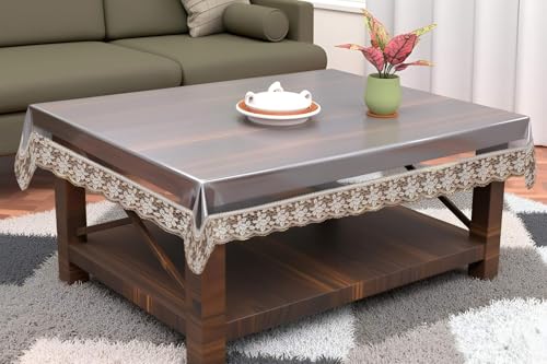 Image of The Furnishing Tree Rectangle Shaped Center Transparent Table Cover WxL 40x60 inches 0.25 mm Thickness with Golden Lace