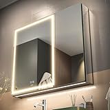 GANPE LED Beleuchtetes Badezimmer Medizin Spiegel Schrank, Defog, Stufenloses Dimmen, Speicher 3-Farben Modus, Speicher Regale, Steckdosen & USBs (2 Türen, 75 x 70 cm)