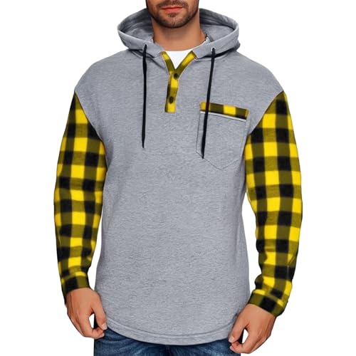 Mens Henley Hoodie Pullover Vintage Button Up Plaid Sleeve Drawstring Hooded Sweatshirts with Pocket Patchwork Hoody