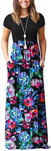 Image of EUOVMY Women's Short Sleeve Loose Plain Maxi Dresses Casual Vacation Long Dresses with Pockets