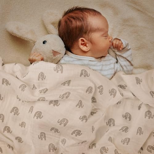 Image of GLLQUEN BABY Muslin Swaddle Blankets 4-Pack Breathable Receiving Blankets (35 inch x 40 inch) Soft Baby Blankets for Girls and Boys Newborn Essentials Muslin Burp Cloths Swaddle Wrap Baby Gift (Elephant)