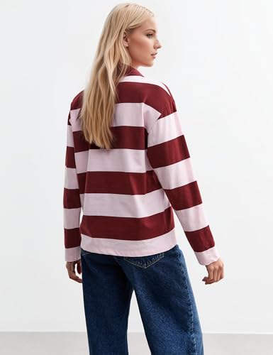 Fall Striped Polo Long Sleeve Shirts for Women Casual Button Lapel V Neck Color Block Tops Vintage Rugby Shirt Blouse2