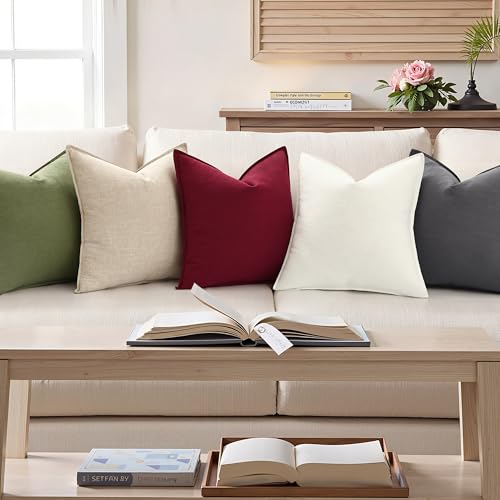 Image of decorUhome Decorative Linen Throw Pillow Covers 18x18 Inch Set of 2 Olive Green Pillow Covers with Flange Edges Soft Farmhouse Boho Accent Pillow Cases for Couch Bed Living Room