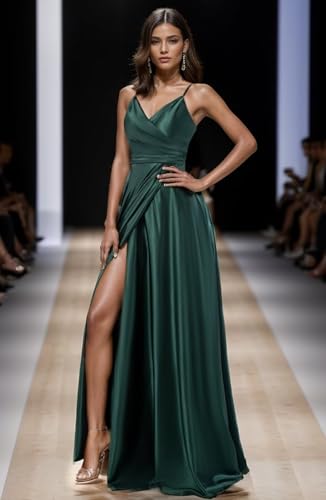 Women's V-Neck Satin Bridesmaid Dresses Long Spaghetti Strap Corset Prom Formal Dress with Slit3