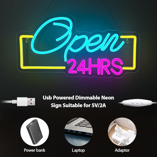 Image of Open 24 Hours Neon Signs for Wall Decor Dimmable LED Neon Lights USB Powered Light Up Sign for Business Bedroom Home Bar Club Shop Salon Hotel Decor