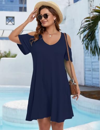 Image of JollieLovin Womens Plus Size Short Sleeve Cold Shoulder V Neck T-Shirt Dress with Pockets