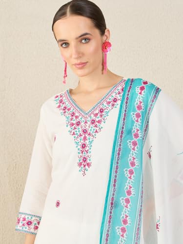 Image of INDO ERA Women's Pure Cotton Embroidered Calf Length Straight Kurta and Pant with Dupatta Set (KH0WH6159)