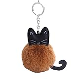 Kissweet PU Cute Cat Keychain Faux Rabbit Fur Pompom Puff Ball Key Ring Purse Backpack Handbag Charms for Women (Cat-brown)
