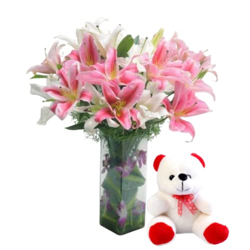Floralbay Teddy Day Special Fresh Flowers Bunch of 5 Pink and 5 White Oriental Lilies in a Glass Vase With 6 Inch Teddy Bear