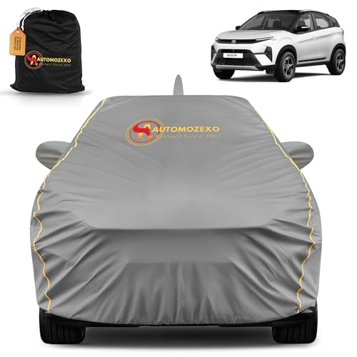 AUTOMOZEXO Tata Nexon 100% Waterproof Car Cover for All Weather Protection with Mirror & Antena Pocket Inner Cotton Layer Triple Stitched Cover with Adjustable Belt Bottom Elastic to Secure Fit -Grey