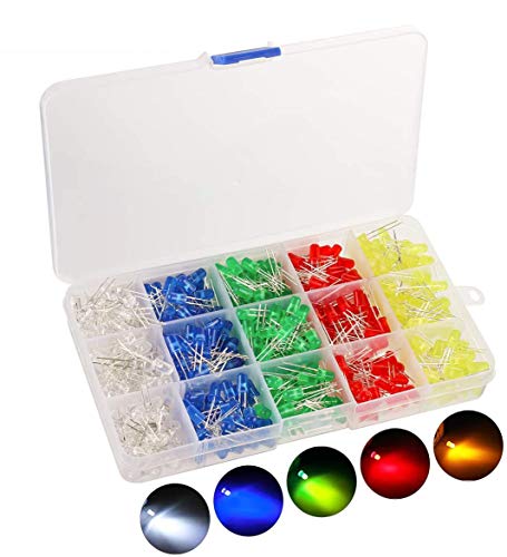 500pcs LED Diode Lights, KingSo 5 Colors×100pcs 5mm Light Emitting Diodes LED Assortment Kit Electronics Components, Diffused Round Light Bulb for Arduino, White Red Orange Green Blue