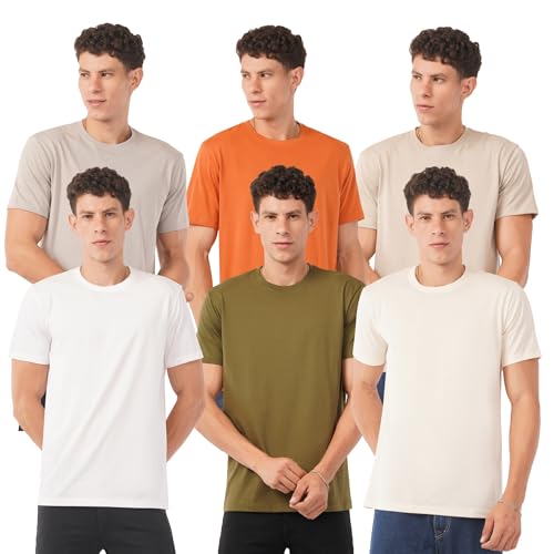 Image of Cotton Tshirt Crew Neck Mens Plain Solid Regular Fit Half Sleeve Mens T-Shirt (Combo Set of 3) Honey Army Green Cyan Size S