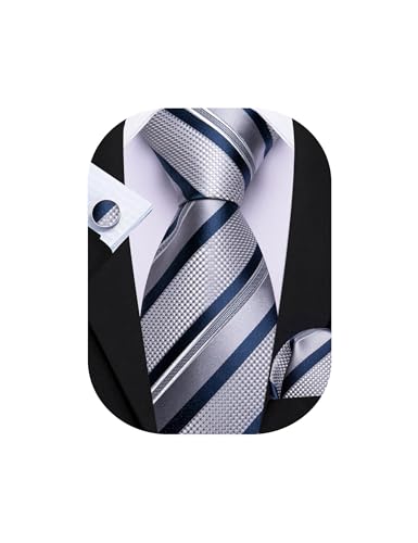 Barry.Wang Grey Navy Blue Tie for Men Striped Silk Necktie Pocket Square Cufflinks Set Formal Wedding Party Business