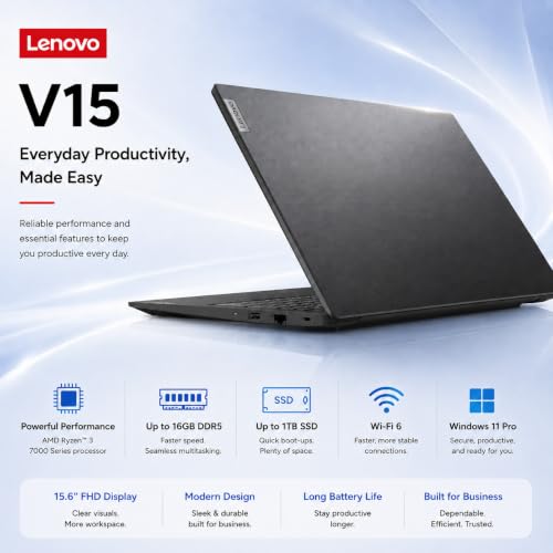 Image of Lenovo V15 Business Laptop, AMD Ryzen 3 7320U (Outperforms i7-1065G7), 16GB DDR5 RAM, 1TB PCIe NVMe SSD, 15.6 inch FHD Anti-Glare Display, Windows 11 Pro, Wi-Fi 6, RJ-45 Ethernet, Dolby Audio
