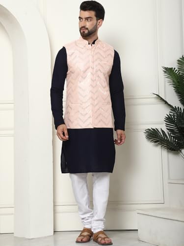 Image of SOJANYA (Since 1958 Men's Cotton Linen Maroon Kurta and White Pyjama with Mustard Cotton Nehru Jacket