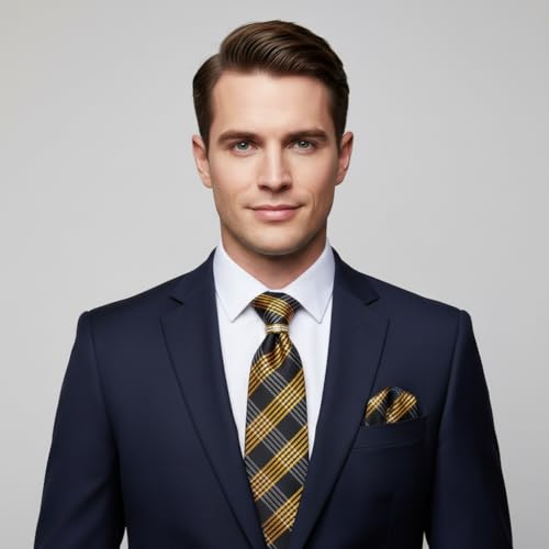 Image of 5PCS Mens Silk Tie, Pocket Square, Cufflinks, Drilled Tie Ring and Lapel Pin Set for Wedding Groom Party