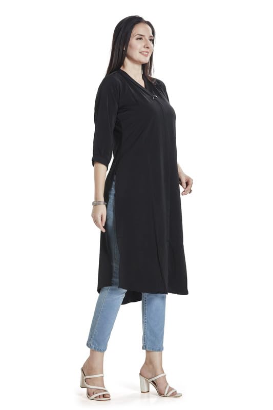Image of nioni Women's Straight Solid Kurti with V-Fold Neck | Rayon Lycra Material | Fashionable Micro Pleates | 3 /4th Sleeve Kurta for Woman & Girls (S to 2XL)