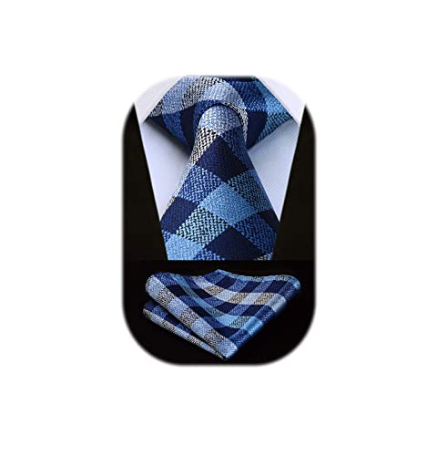 Image of HISDERN Mens Ties Plaid Tie and Pocket Square Set Classic Woven Formal Checkered Neckties & Handkerchief Wedding Party