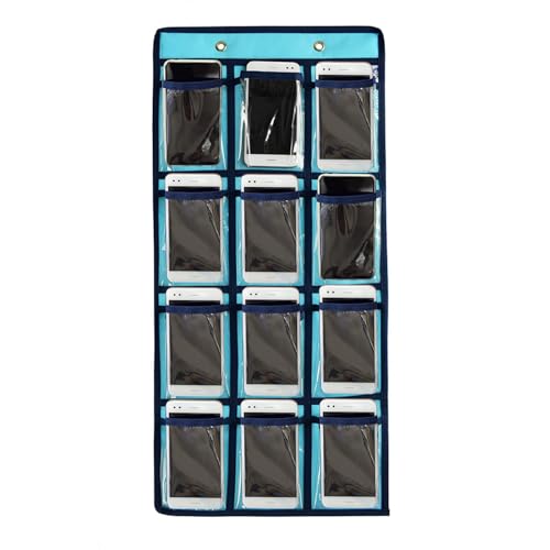 ANIZER Classroom Pocket Chart For Cell Phones Calculators Over The Door Hanging Closet Underwear Sock Jewelry Organizer Holder 12 Clear Pockets (BLUE)