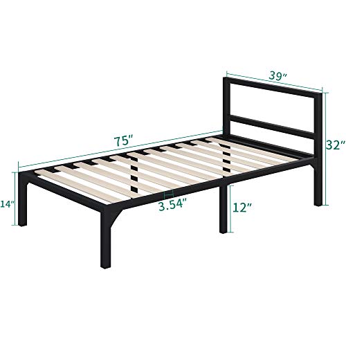Yitahome Twin Metal Bed Frame With Headboard, 14 Inch Wooden Slat Platform Bed, Mattress Foundation, No Box Spring Needed, Black Modern Camas #TOP1