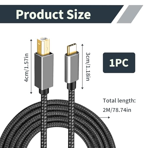 2M USB C zu MIDI Kabel, USB C auf B MIDI Interface Kabel für MIDI-Keyboard, Controller, Synthesizer, Audio Interface, kompatibel mit Windows, macOS, Linux, schnelle Datenübertragung, Plug & Play