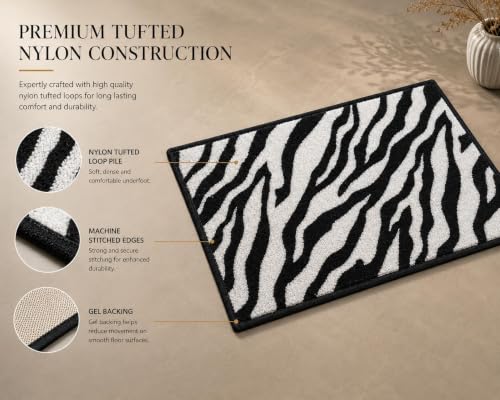 Image of Matz&More Zebra Print Door Mat 40 x 60 cm | Anti-Slip Nylon Tufted Indoor Floor Mat with Rubber Backing | Decorative Entrance, Bedroom, Bathroom, Kitchen & Kids Room Rug | Black & White