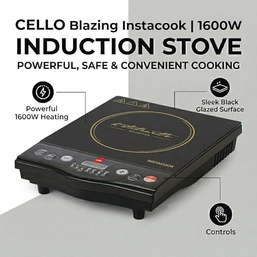 Image of CELLO Blazing Instacook Induction Cooktop Stove 1600 Watts Black | Safe & Reliable, Customized Preset Menu, 8 Stage Power Settings, Overheat Protection | For All Types of Utensils | 1 Year Warranty