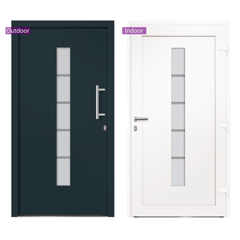 Drzwi wejściowe z aluminium i PCW antracytowe 110 x 210 cm z 5-krotnym zamkiem bezpieczeństwa, izolacja cieplna, izolacja akustyczna, przeszklenie izolacyjne, stabilna rama i blokada do drzwi