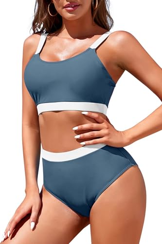 Image of Womens High Waisted Bikini Sets Sporty Crop Top Color Block Swimwear Bandeau Scoop Neck Vintage Two Piece Bathing Suits