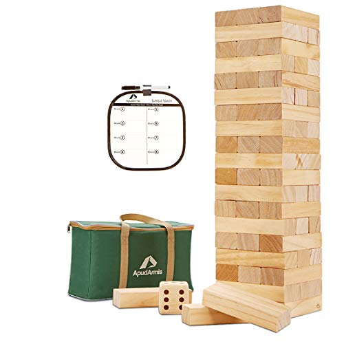 ApudArmis 60 PCS Giant Tumble Tower, (Stack up to 5Ft) Pine Wooden Stacking Timber Game with 1 Dice Set - Classic Block Giant Outdoor Game for Kids Adults Family