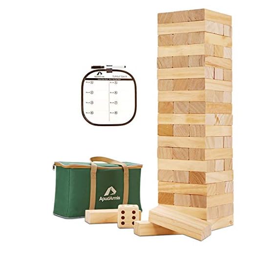 ApudArmis 60 PCS Giant Tumble Tower, (Stack up to 5Ft) Pine Wooden Stacking Timber Game with 1 Dice Set - Classic Block Giant Outdoor Game for Kids Adults Family